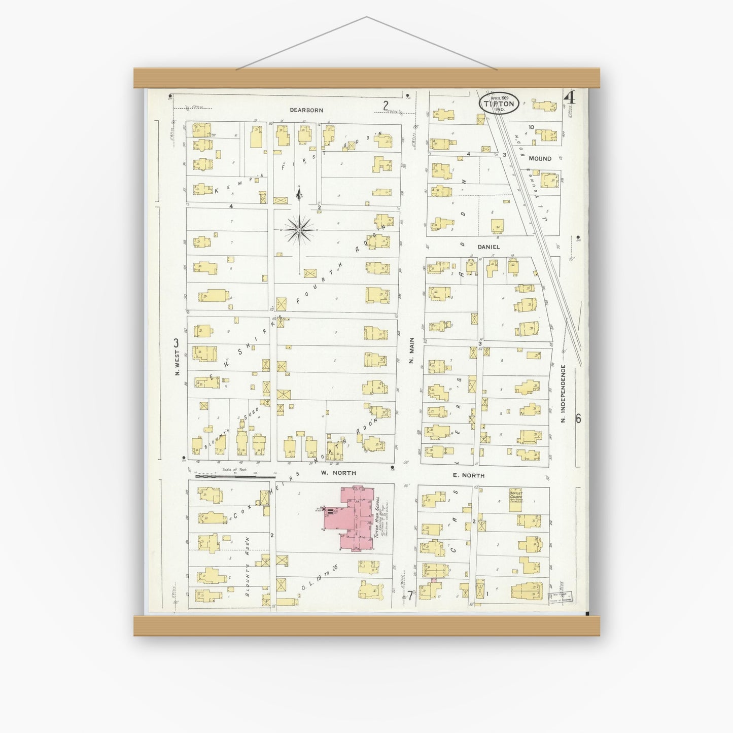 Old map wall art mockup — magnetic wood frame on white wall — Sanborn Fire Insurance Map from Tipton, Tipton County, Indiana (1909), Sheet #0004