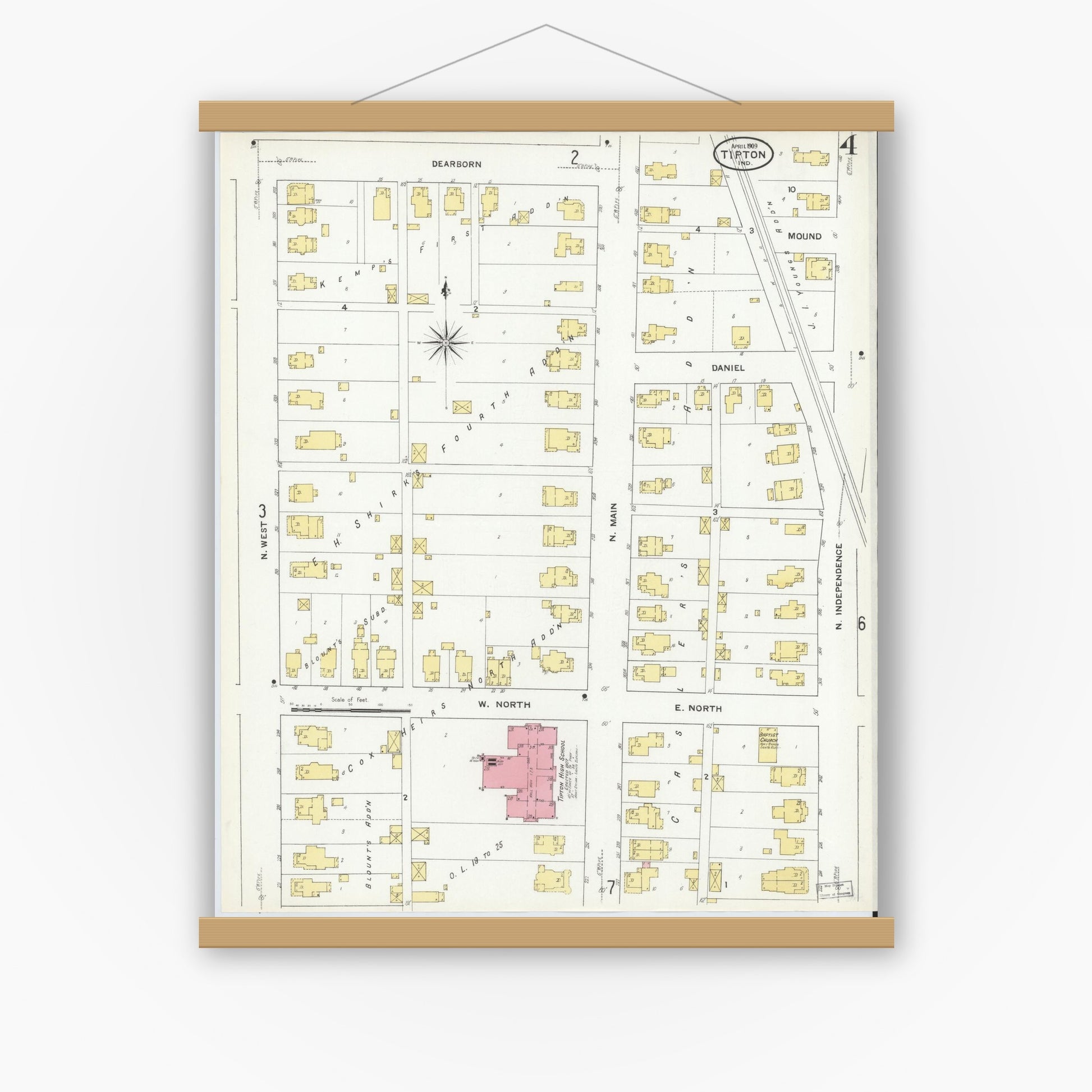 Old map wall art mockup — magnetic wood frame on white wall — Sanborn Fire Insurance Map from Tipton, Tipton County, Indiana (1909), Sheet #0004