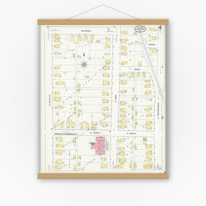 Old map wall art mockup — magnetic wood frame on white wall — Sanborn Fire Insurance Map from Tipton, Tipton County, Indiana (1909), Sheet #0004