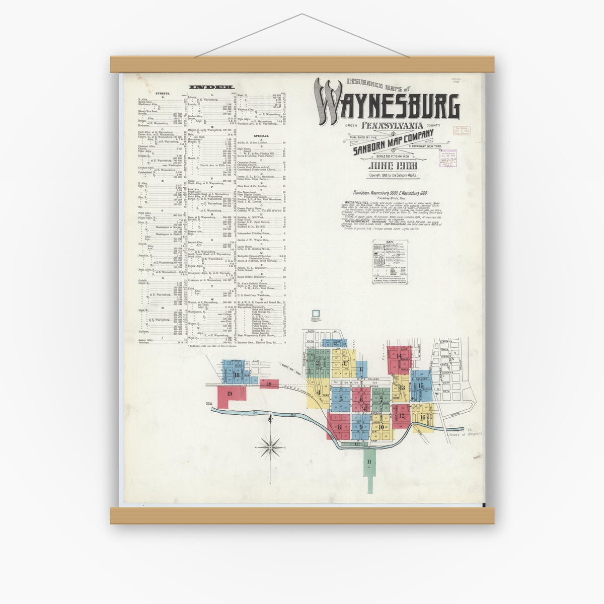 Old map wall art mockup — magnetic wood frame on white wall — Sanborn Fire Insurance Map from Waynesburg, Greene County, Pennsylvania (1908) - Complete Map Set