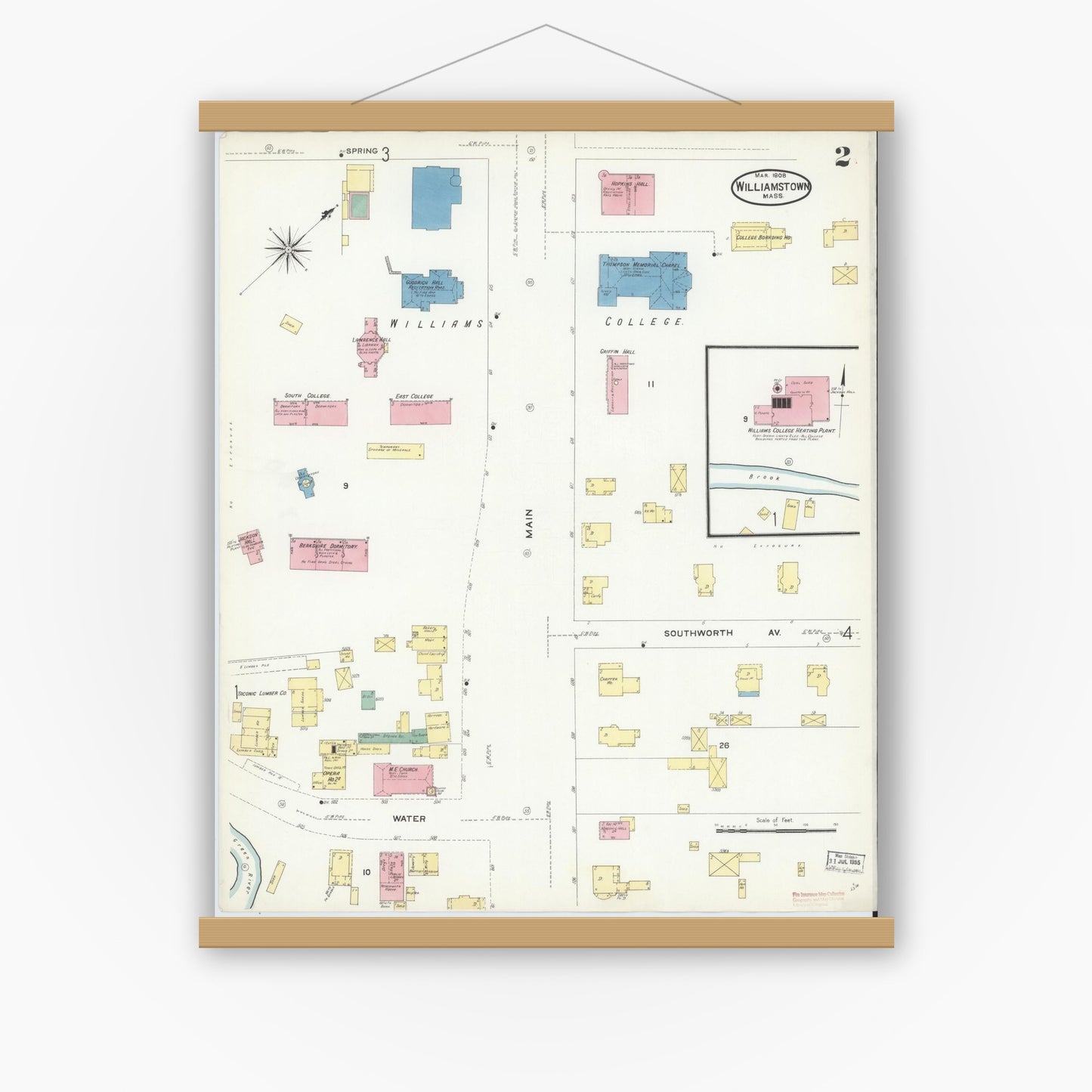 Old map wall art mockup — magnetic wood frame on white wall — Sanborn Fire Insurance Map from Williamstown, Berkshire County, Massachusetts (1908), Sheet #0002