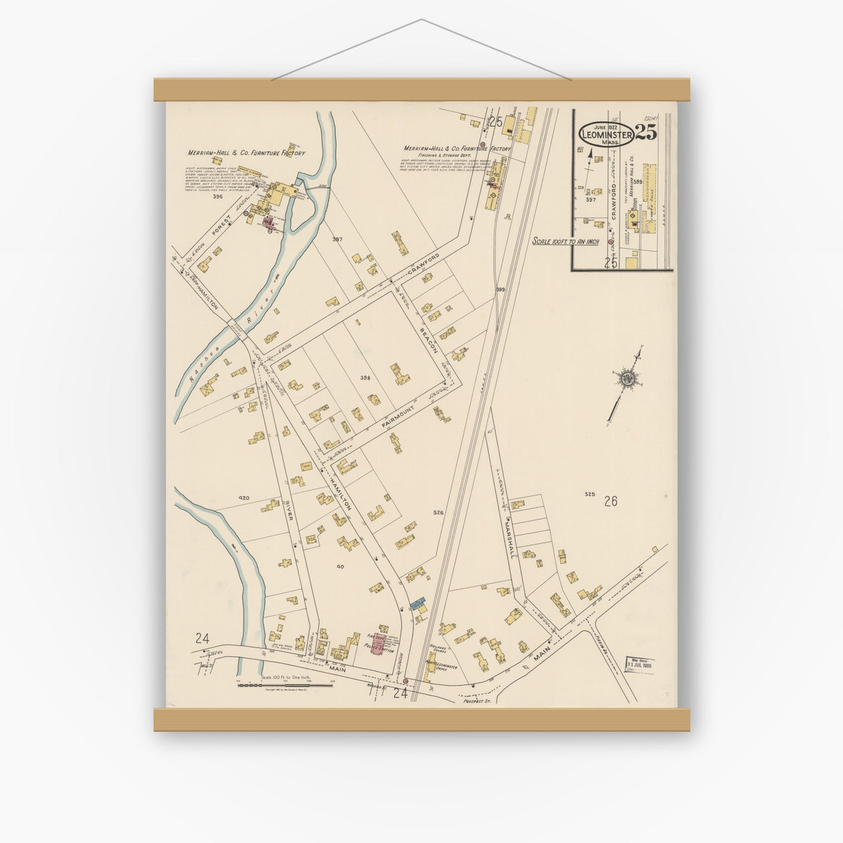 Old map wall art mockup — magnetic wood frame on white wall — Sanborn Fire Insurance Map from Leominster, Worcester County, Massachusetts (1922), Sheet #0025