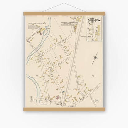 Old map wall art mockup — magnetic wood frame on white wall — Sanborn Fire Insurance Map from Leominster, Worcester County, Massachusetts (1922), Sheet #0025