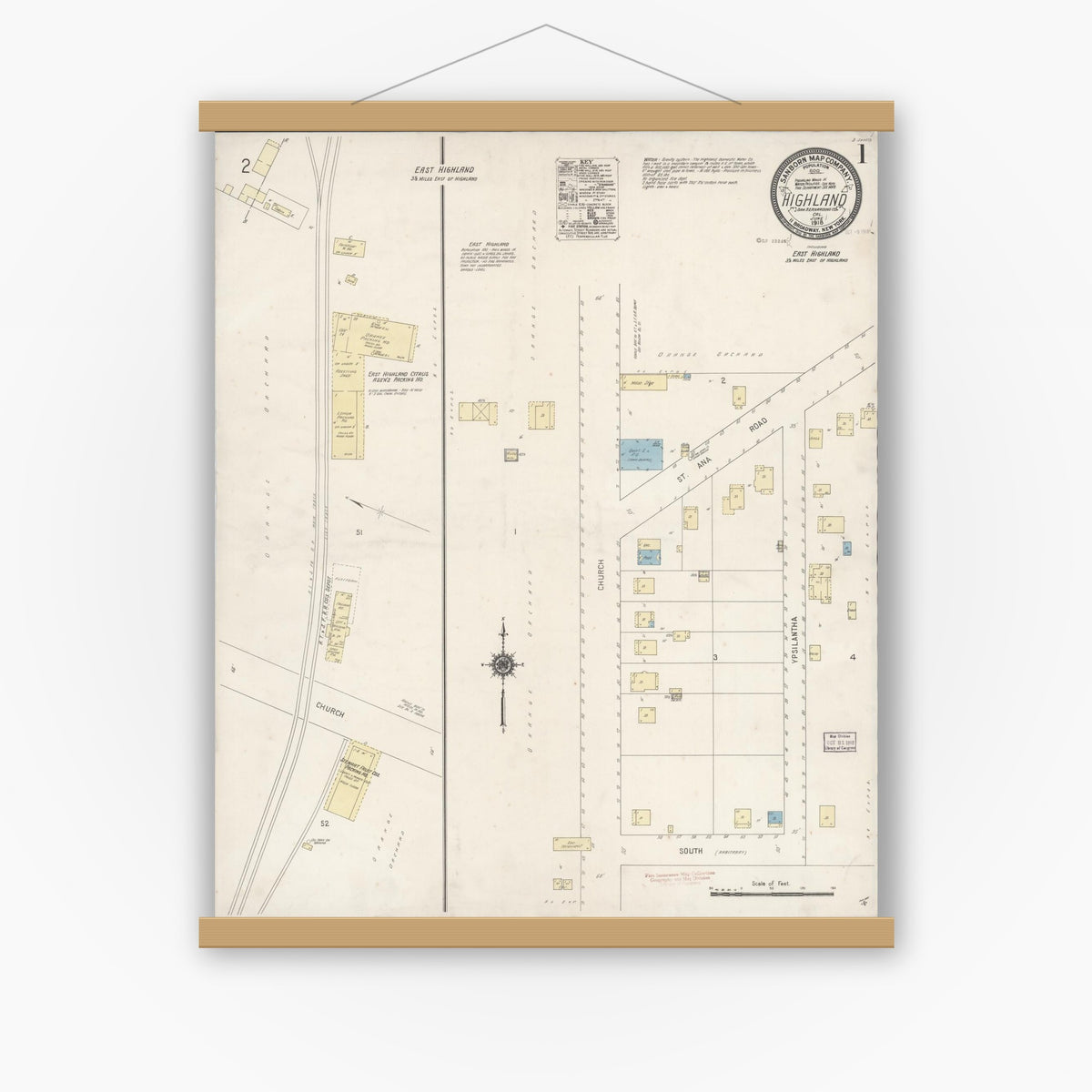 Old map wall art mockup — magnetic wood frame on white wall — Sanborn Fire Insurance Map from Highland, San Bernardino County, California (1918), Sheet #0001