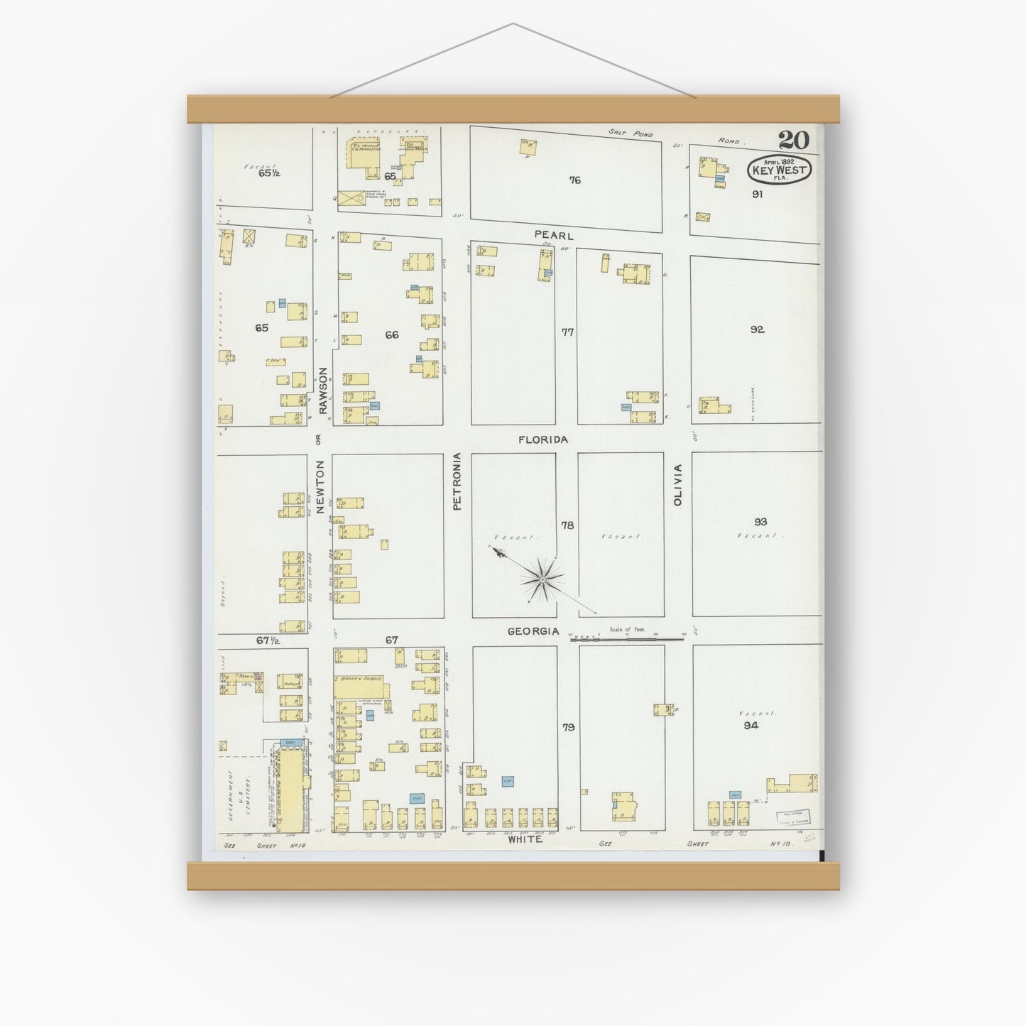 Old map wall art mockup — magnetic wood frame on white wall — Sanborn Fire Insurance Map from Key West, Monroe County, Florida (1892), Sheet #0020
