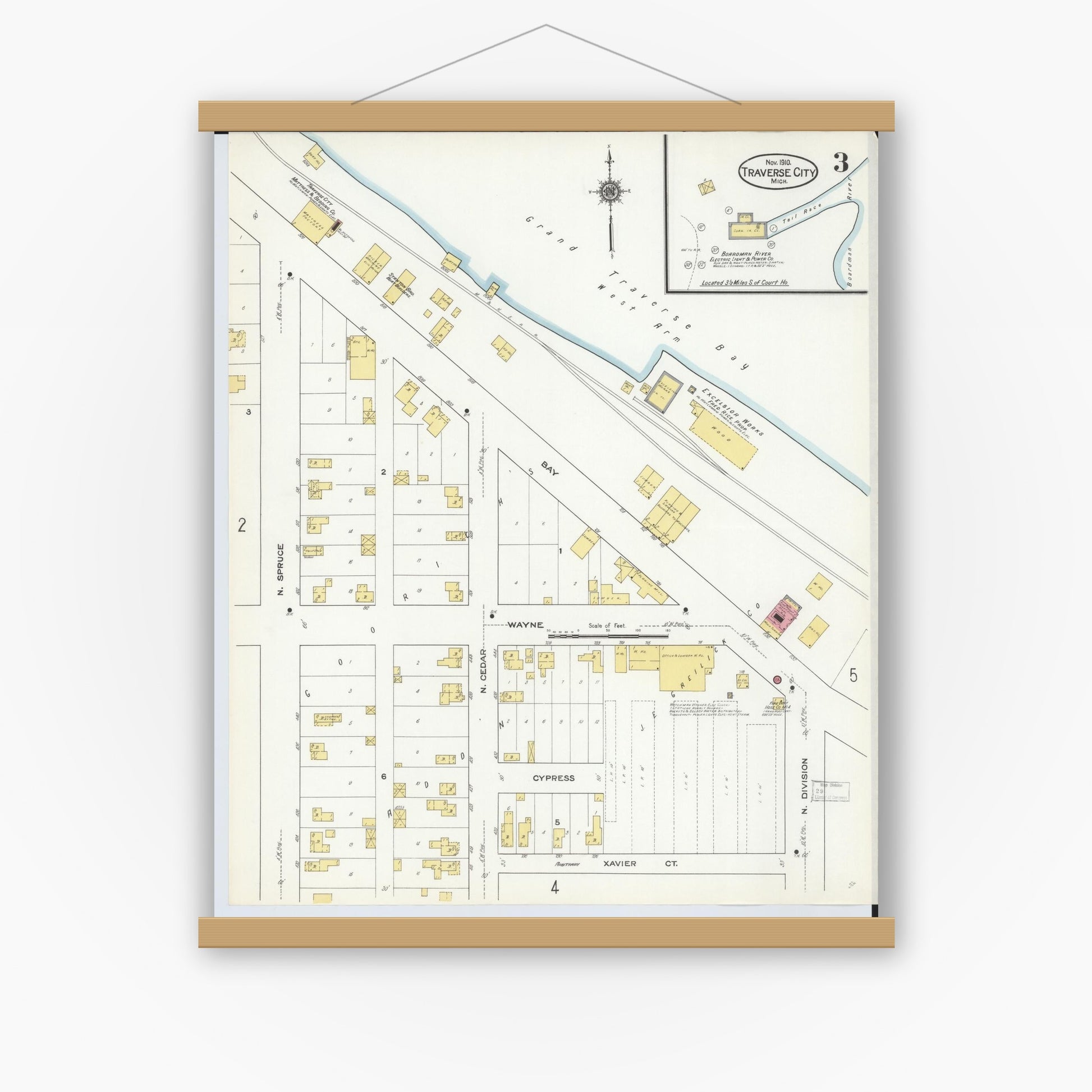 Old map wall art mockup — magnetic wood frame on white wall — Sanborn Fire Insurance Map from Traverse City, Grand Traverse County, Michigan (1910), Sheet #0003