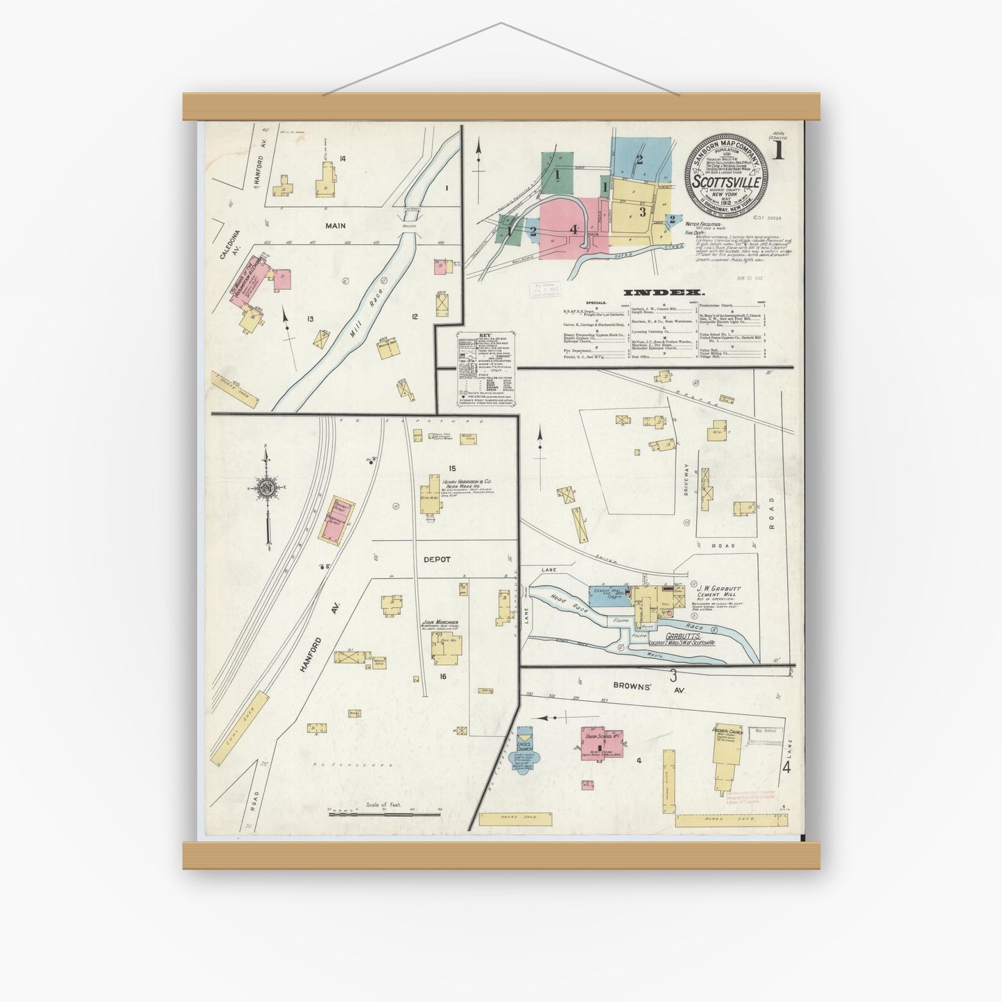 Old map wall art mockup — magnetic wood frame on white wall — Sanborn Fire Insurance Map from Scottsville, Monroe County, New York (1912) - Complete Map Set