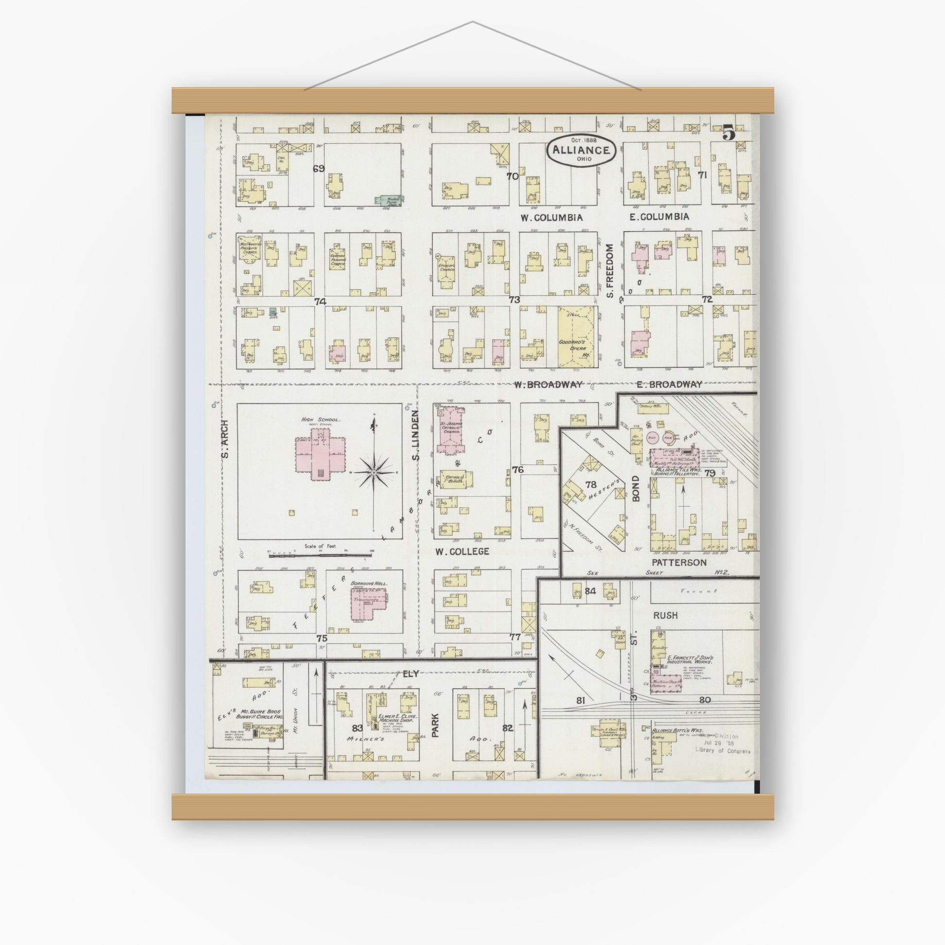 Old map wall art mockup — magnetic wood frame on white wall — Sanborn Fire Insurance Map from Alliance, Stark County, Ohio (1888), Sheet #0005