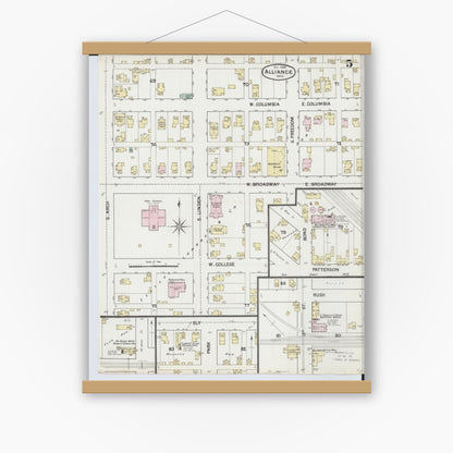 Old map wall art mockup — magnetic wood frame on white wall — Sanborn Fire Insurance Map from Alliance, Stark County, Ohio (1888), Sheet #0005