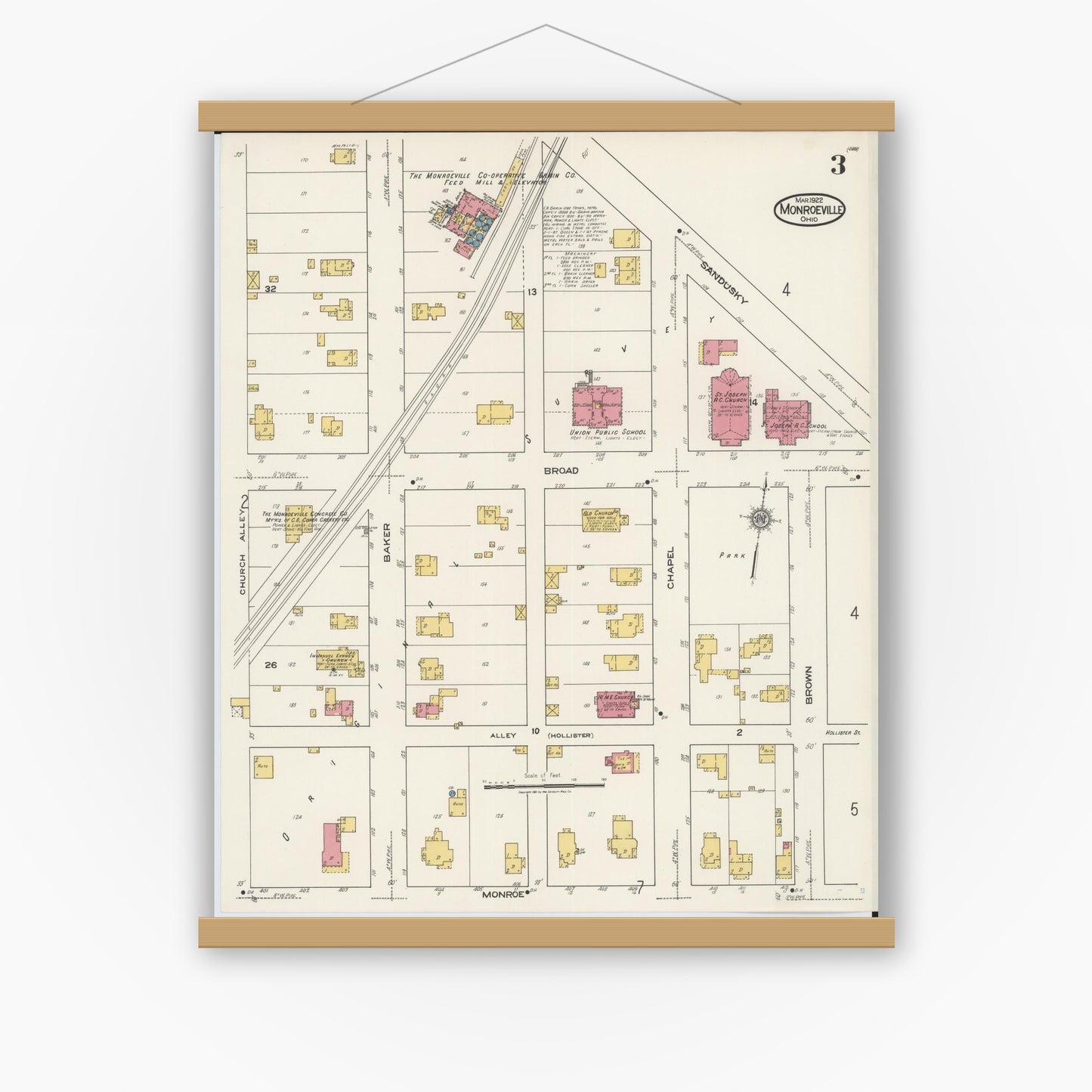 Old map wall art mockup — magnetic wood frame on white wall — Sanborn Fire Insurance Map from Monroeville, Huron County, Ohio (1922), Sheet #0003