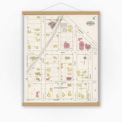 Old map wall art mockup — magnetic wood frame on white wall — Sanborn Fire Insurance Map from Monroeville, Huron County, Ohio (1922), Sheet #0003