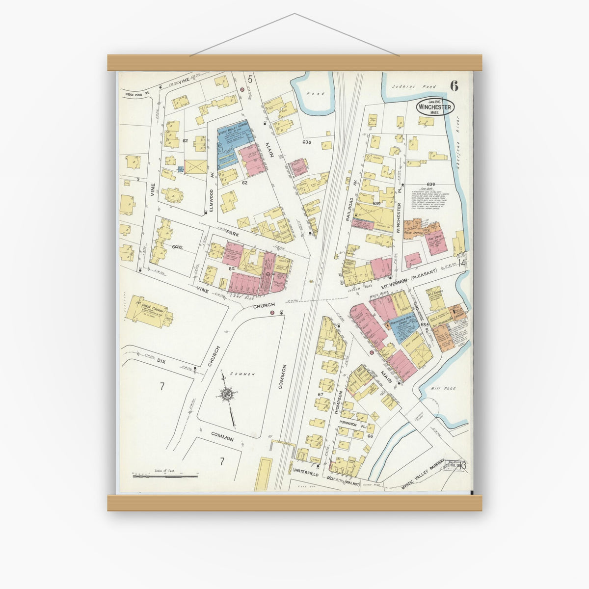 Old map wall art mockup — magnetic wood frame on white wall — Sanborn Fire Insurance Map from Winchester, Middlesex County, Massachusetts (1916), Sheet #0006