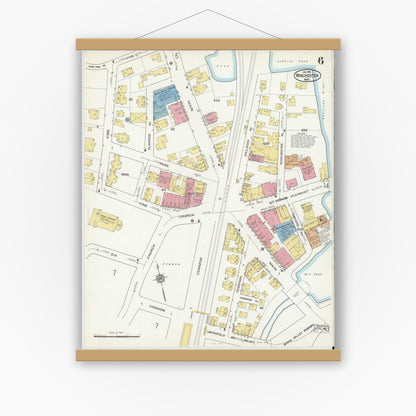 Old map wall art mockup — magnetic wood frame on white wall — Sanborn Fire Insurance Map from Winchester, Middlesex County, Massachusetts (1916), Sheet #0006