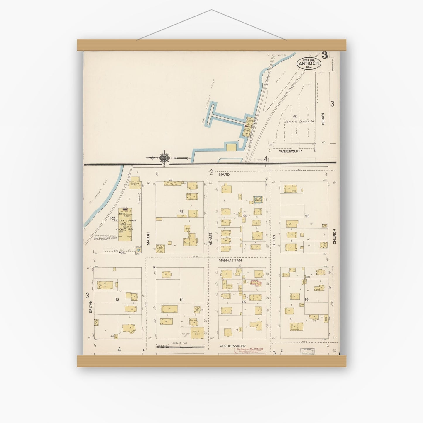 Old map wall art mockup — magnetic wood frame on white wall — Sanborn Fire Insurance Map from Antioch, Contra Costa County, California (1912), Sheet #0003