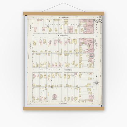 Old map wall art mockup — magnetic wood frame on white wall — Sanborn Fire Insurance Map from Findlay, Hancock County, Ohio (1887), Sheet #0004