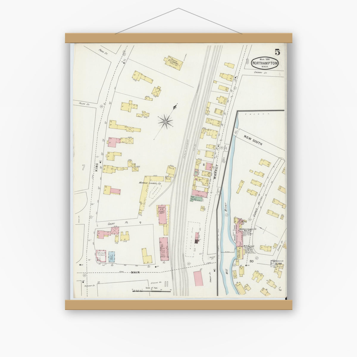 Old map wall art mockup — magnetic wood frame on white wall — Sanborn Fire Insurance Map from Northampton, Hampshire County, Massachusetts (1895), Sheet #0005