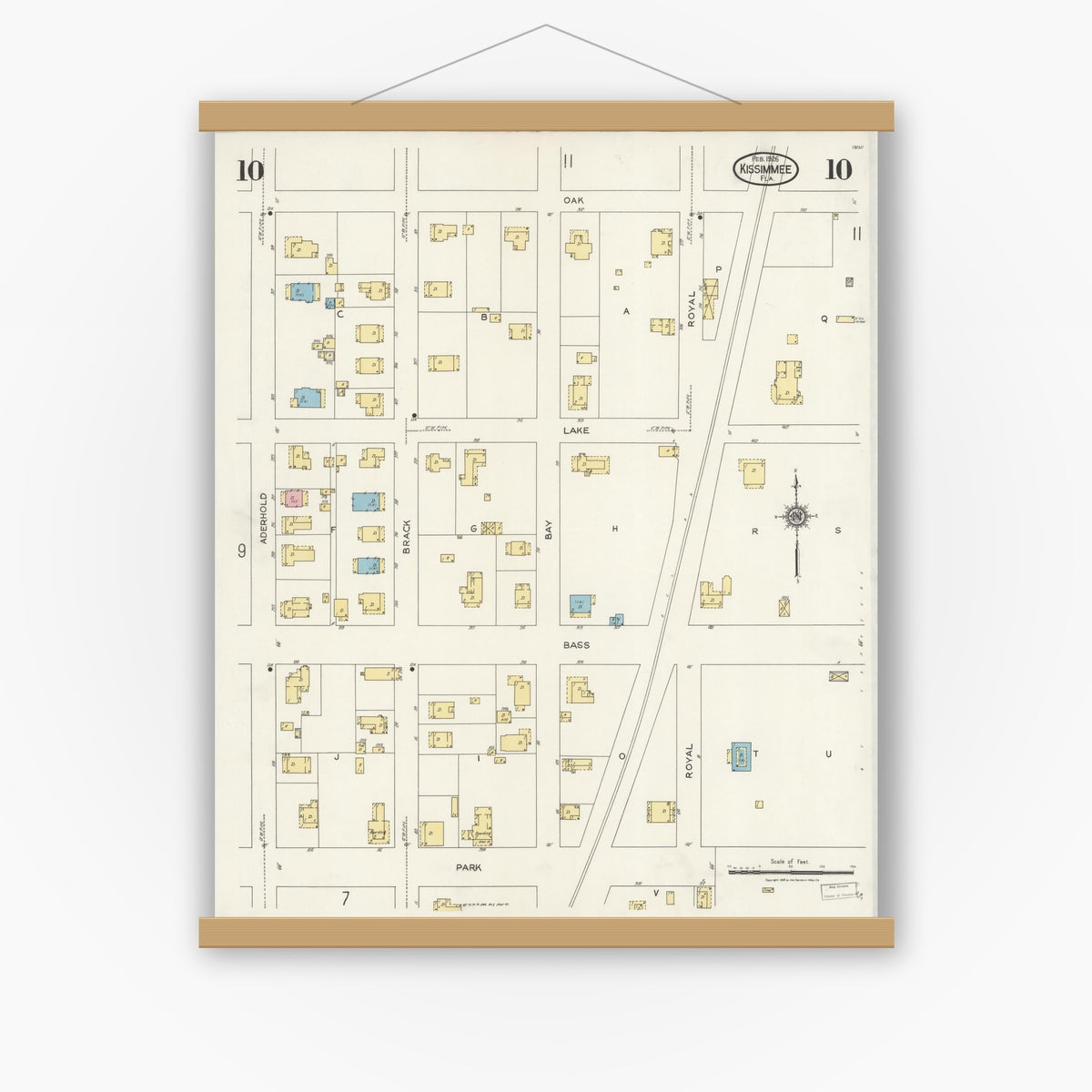 Old map wall art mockup — magnetic wood frame on white wall — Sanborn Fire Insurance Map from Kissimmee, Osceola County, Florida (1926), Sheet #0010