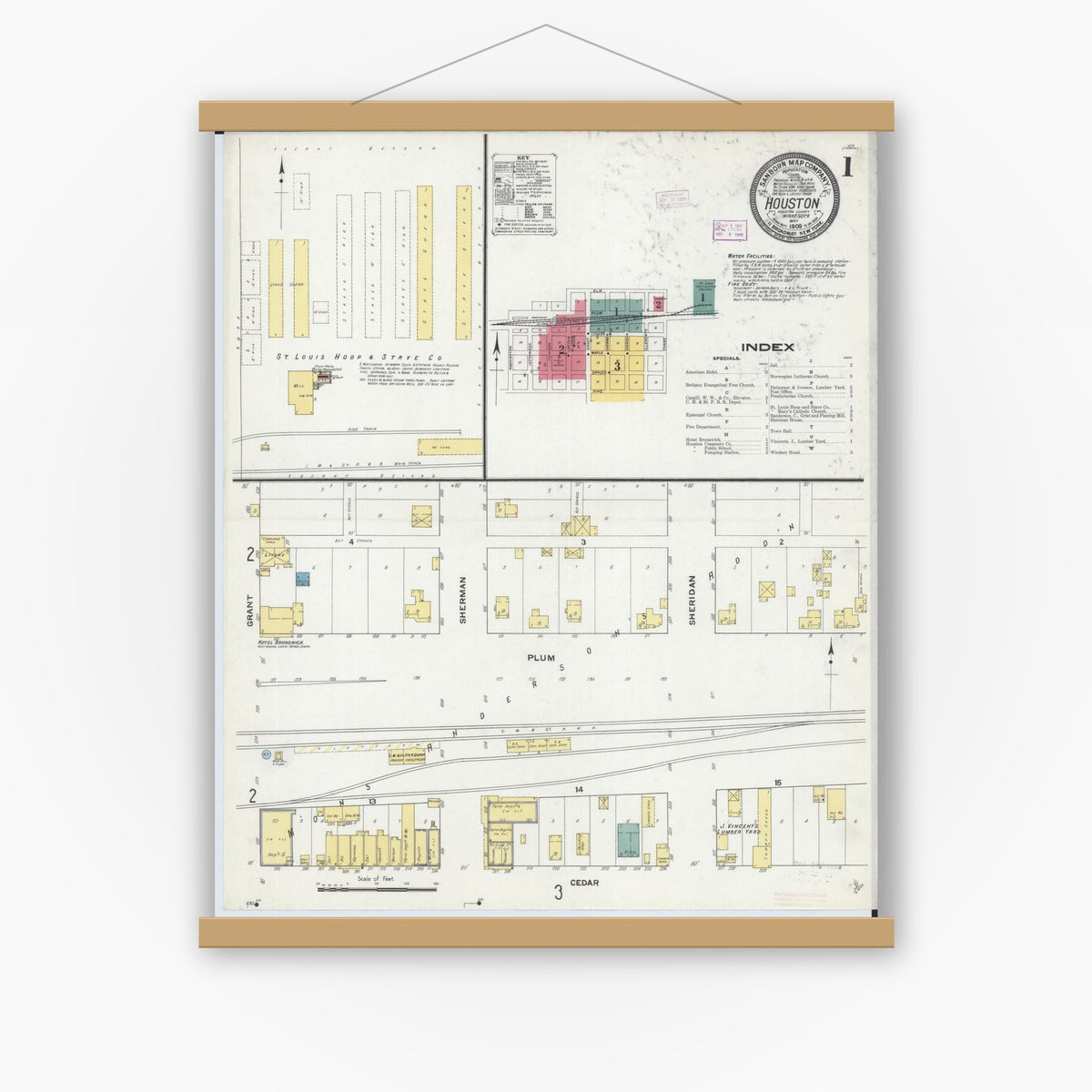 Old map wall art mockup — magnetic wood frame on white wall — Sanborn Fire Insurance Map from Houston, Houston County, Minnesota (1909) - Complete Map Set
