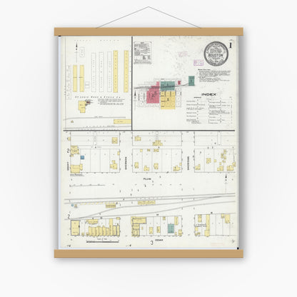 Old map wall art mockup — magnetic wood frame on white wall — Sanborn Fire Insurance Map from Houston, Houston County, Minnesota (1909) - Complete Map Set