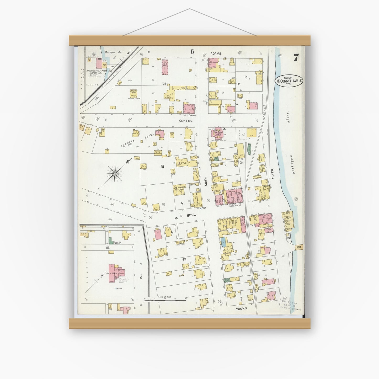 Old map wall art mockup — magnetic wood frame on white wall — Sanborn Fire Insurance Map from McConnelsville, Morgan County, Ohio (1901), Sheet #0007