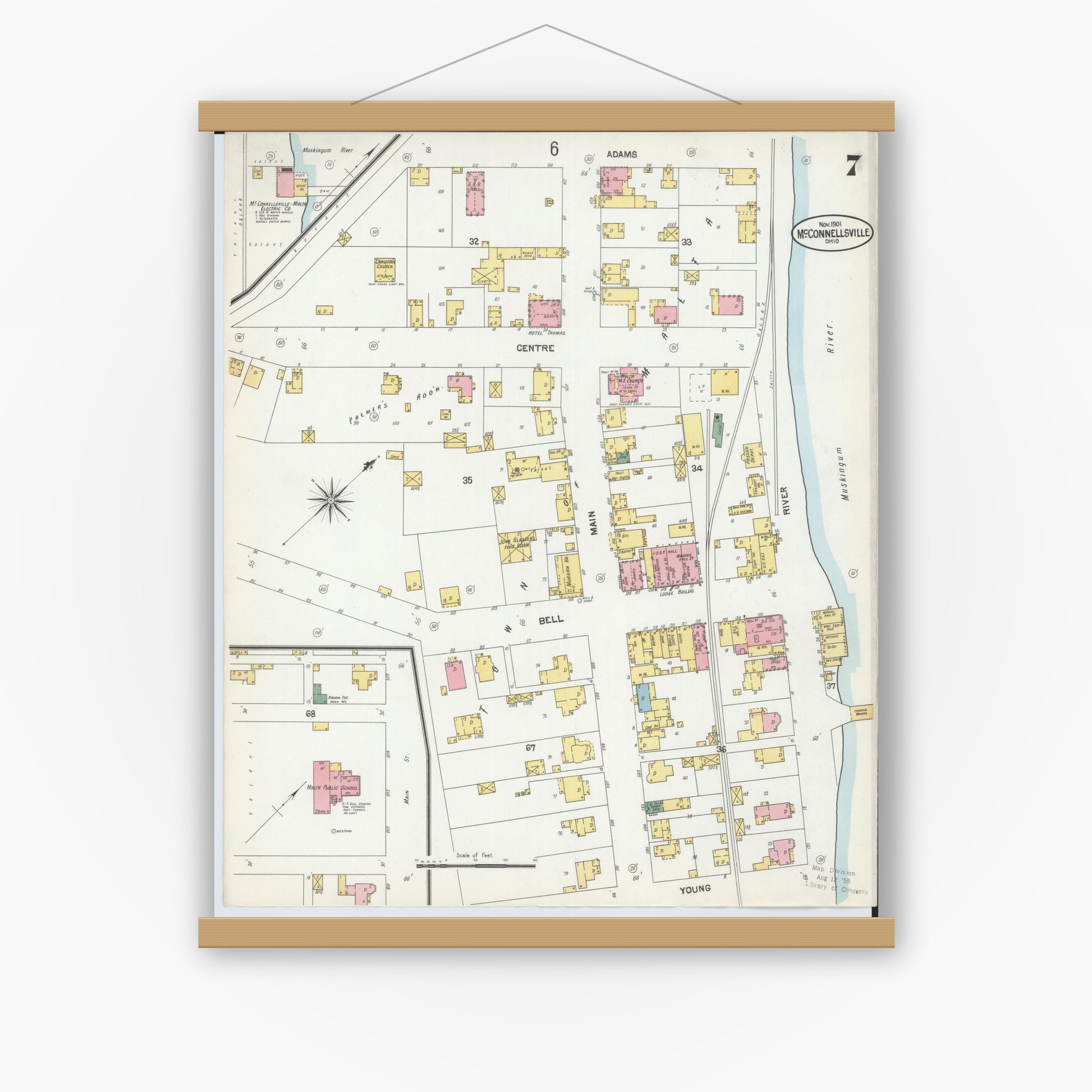 Old map wall art mockup — magnetic wood frame on white wall — Sanborn Fire Insurance Map from McConnelsville, Morgan County, Ohio (1901), Sheet #0007