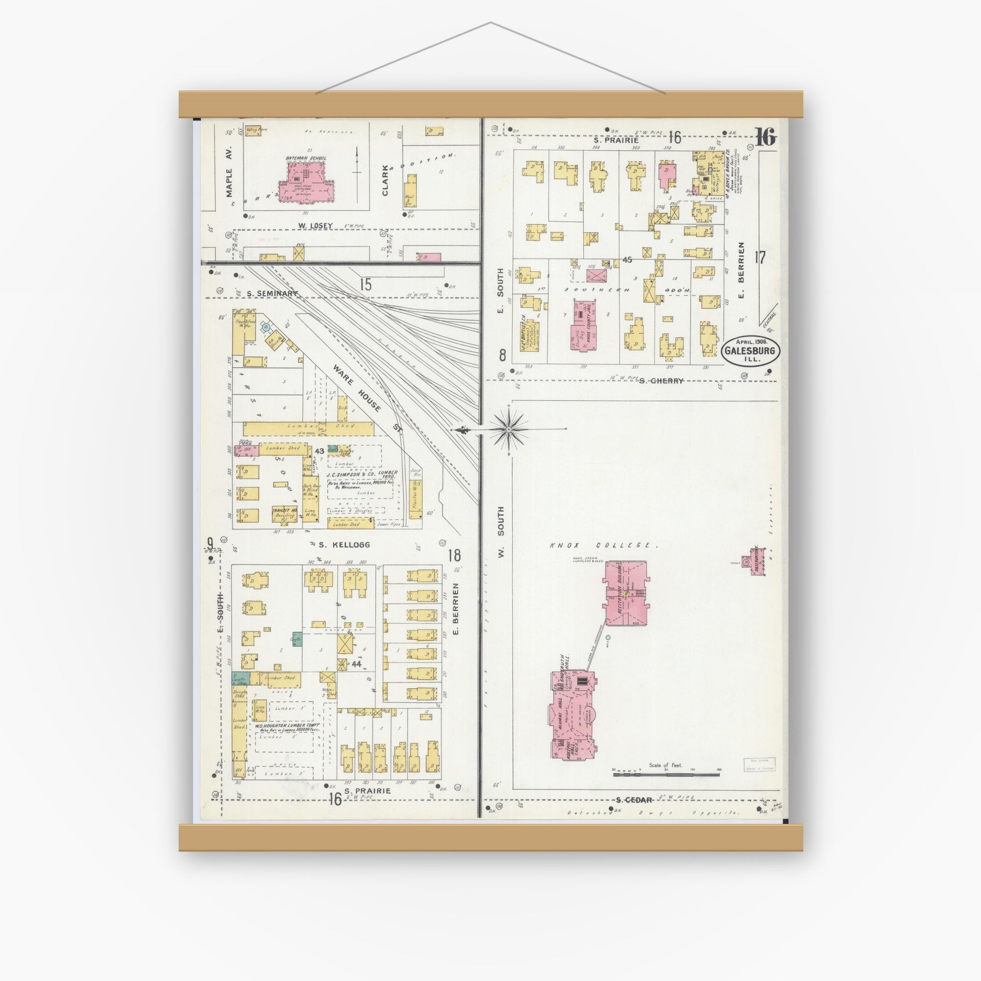 Old map wall art mockup — magnetic wood frame on white wall — Sanborn Fire Insurance Map from Galesburg, Knox County, Illinois (1906), Sheet #0016