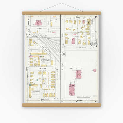 Old map wall art mockup — magnetic wood frame on white wall — Sanborn Fire Insurance Map from Galesburg, Knox County, Illinois (1906), Sheet #0016