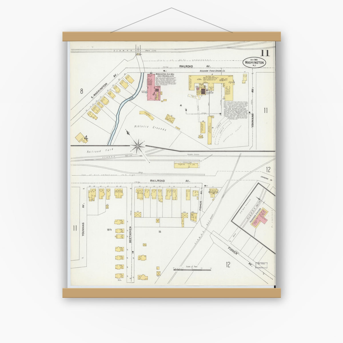 Old map wall art mockup — magnetic wood frame on white wall — Sanborn Fire Insurance Map from Washington, Warren County, New Jersey (1902), Sheet #0011