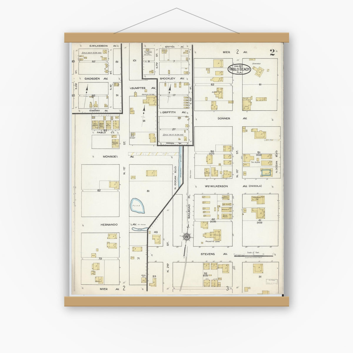 Old map wall art mockup — magnetic wood frame on white wall — Sanborn Fire Insurance Map from Pablo Beach, Duval County, Florida (1917), Sheet #0002