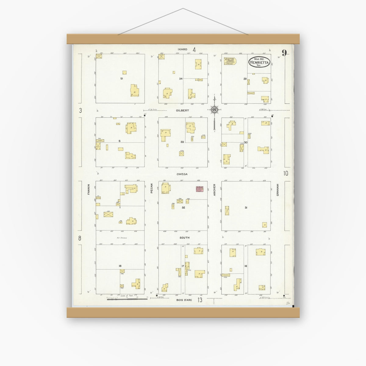 Old map wall art mockup — magnetic wood frame on white wall — Sanborn Fire Insurance Map from Henrietta, Clay County, Texas (1912), Sheet #0009