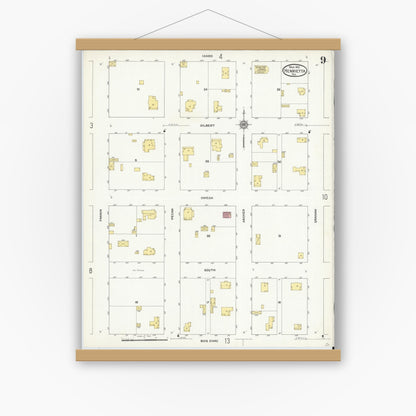 Old map wall art mockup — magnetic wood frame on white wall — Sanborn Fire Insurance Map from Henrietta, Clay County, Texas (1912), Sheet #0009