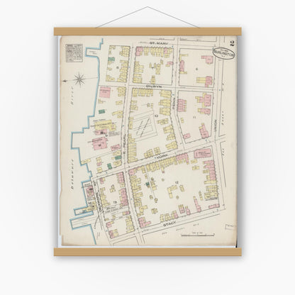 Old map wall art mockup — magnetic wood frame on white wall — Sanborn Fire Insurance Map from Burlington, Burlington County, New Jersey (1885) - Complete Map Set