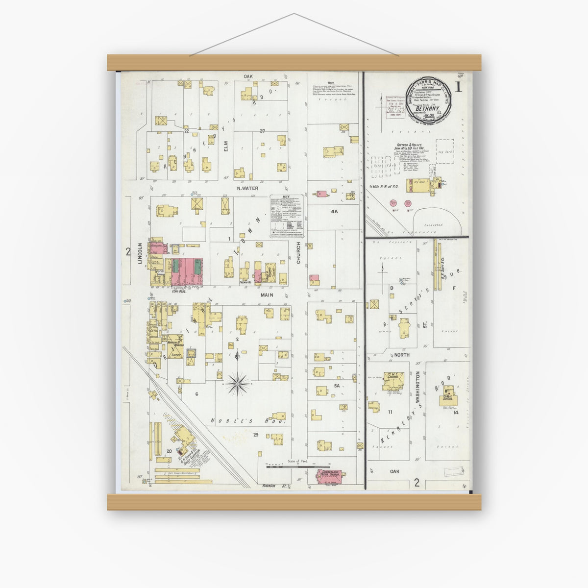 Old map wall art mockup — magnetic wood frame on white wall — Sanborn Fire Insurance Map from Bethany, Moultrie County, Illinois (1901) - Complete Map Set