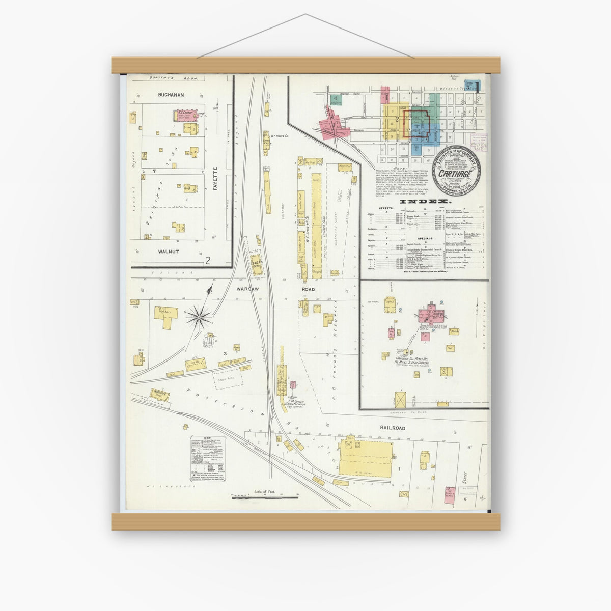 Old map wall art mockup — magnetic wood frame on white wall — Sanborn Fire Insurance Map from Carthage, Hancock County, Illinois (1906) - Complete Map Set