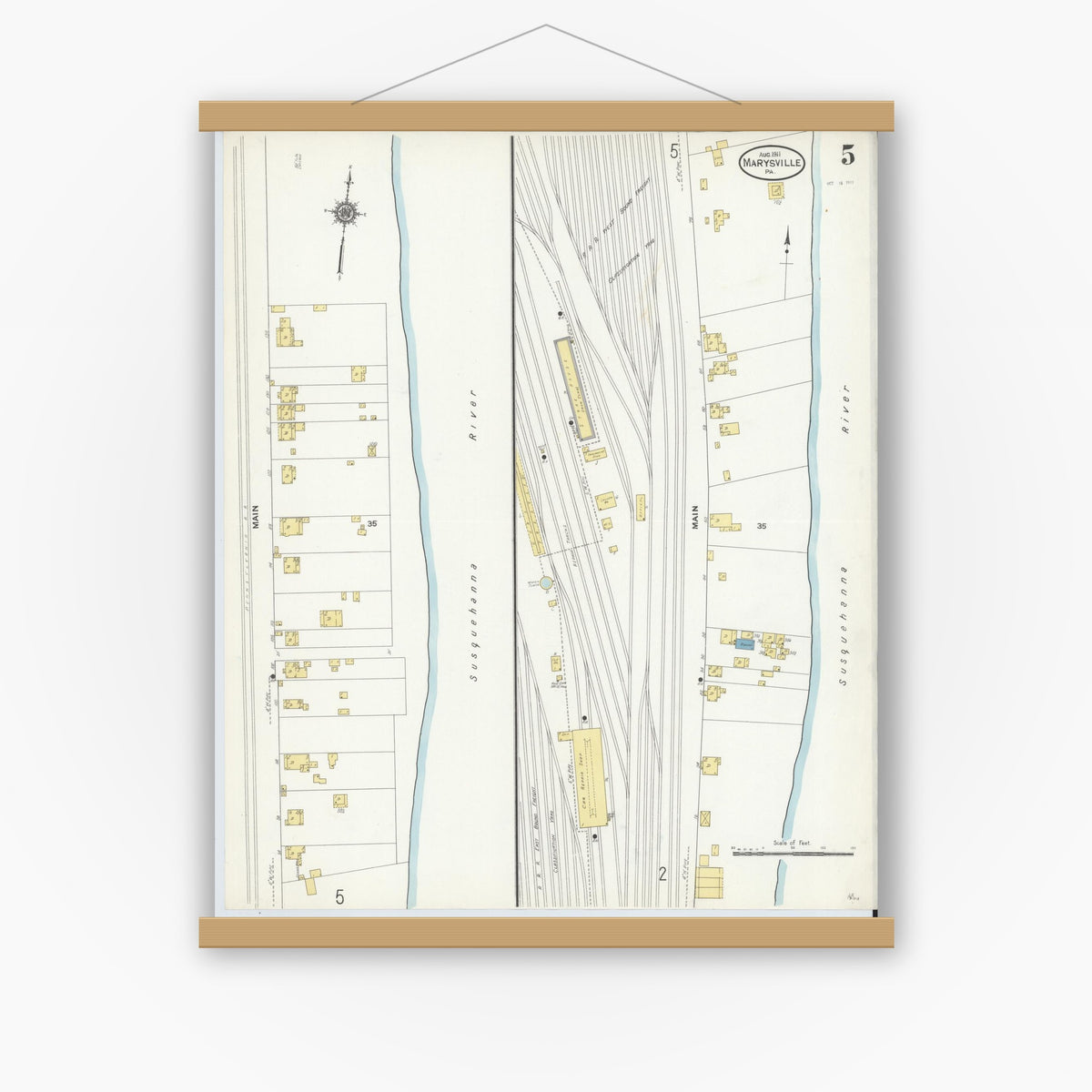 Old map wall art mockup — magnetic wood frame on white wall — Sanborn Fire Insurance Map from Marysville, Perry County, Pennsylvania (1911), Sheet #0005