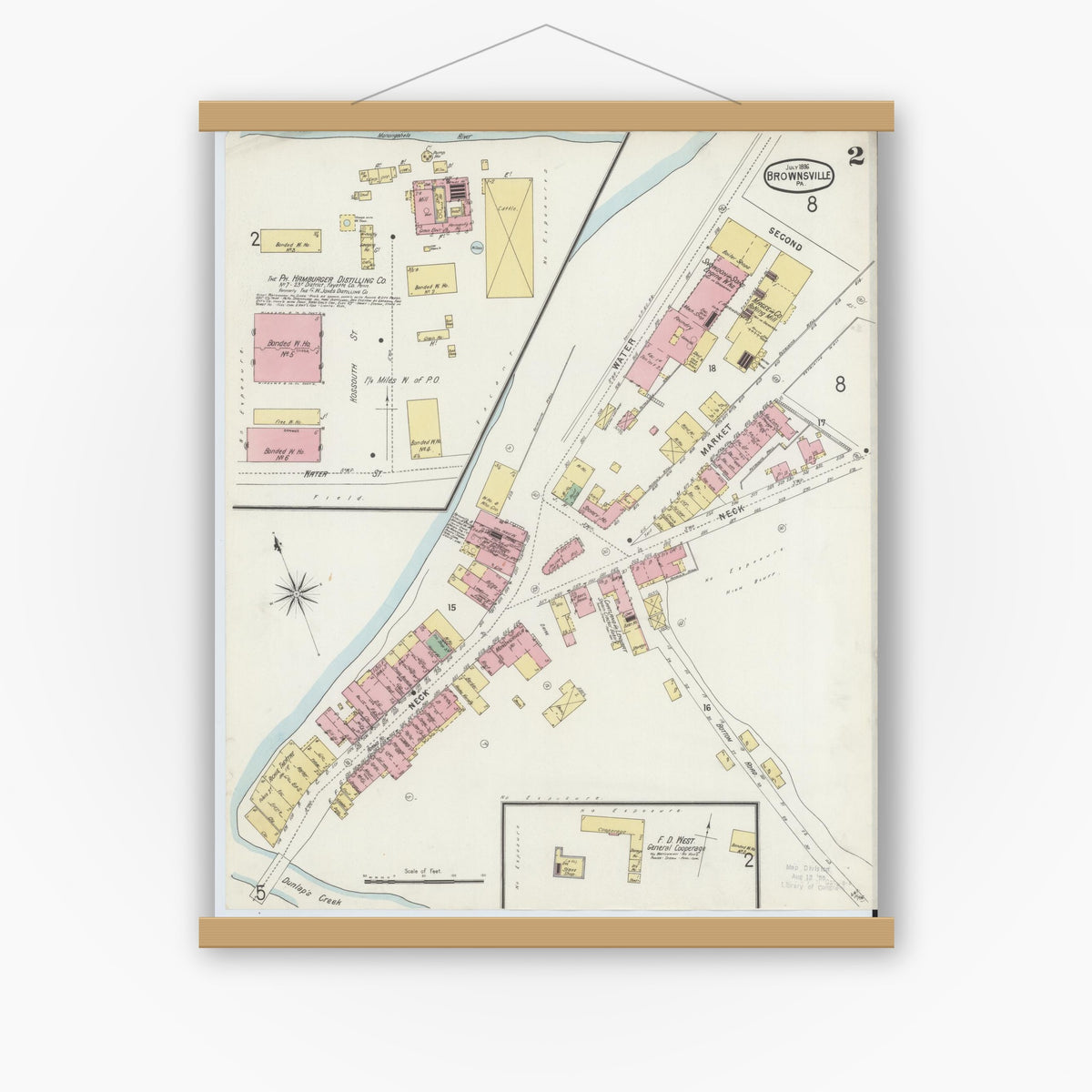 Old map wall art mockup — magnetic wood frame on white wall — Sanborn Fire Insurance Map from Brownsville, Fayette County, Pennsylvania (1896), Sheet #0002