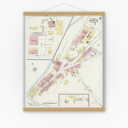 Old map wall art mockup — magnetic wood frame on white wall — Sanborn Fire Insurance Map from Brownsville, Fayette County, Pennsylvania (1896), Sheet #0002