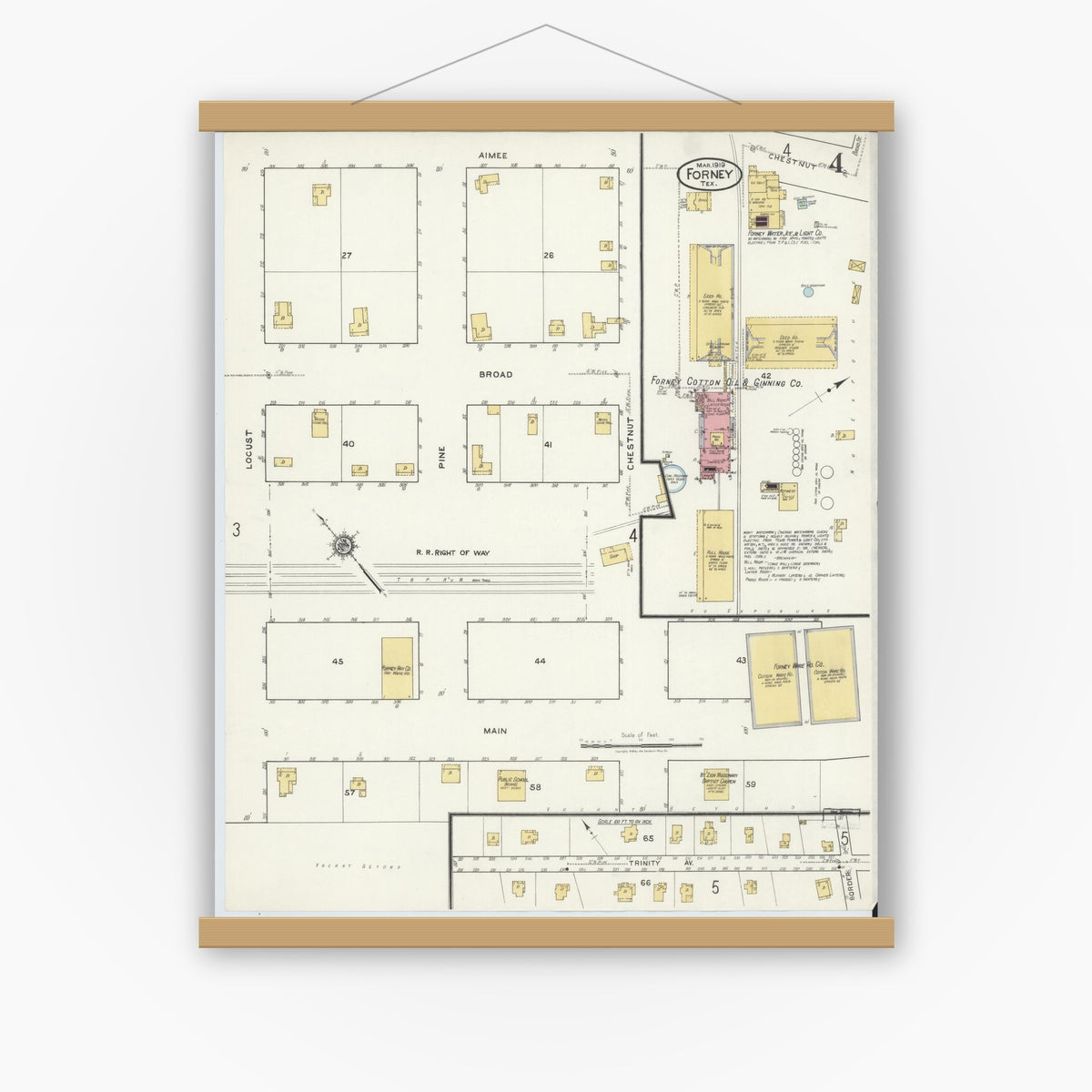 Old map wall art mockup — magnetic wood frame on white wall — Sanborn Fire Insurance Map from Forney, Kaufman County, Texas (1919), Sheet #0004