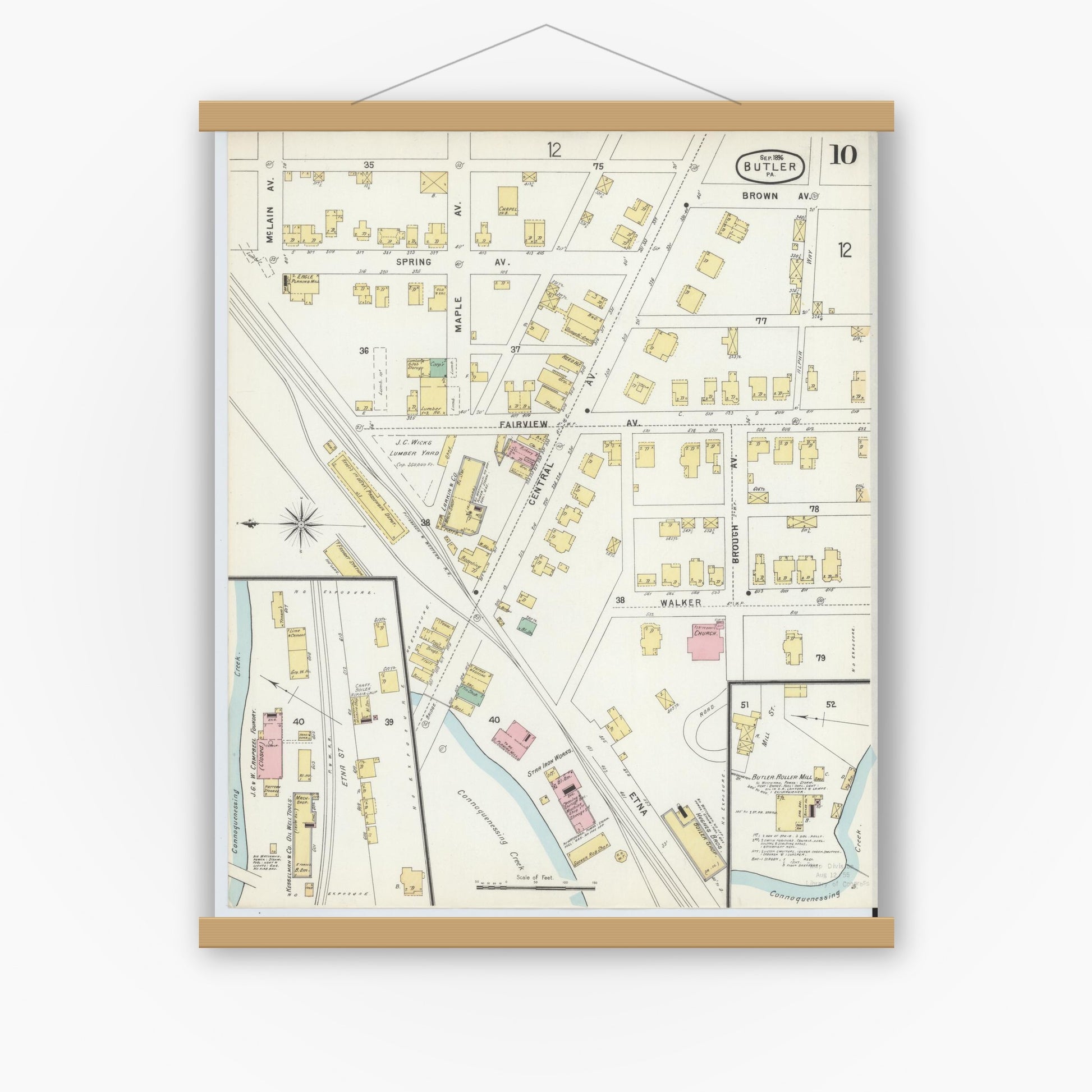 Old map wall art mockup — magnetic wood frame on white wall — Sanborn Fire Insurance Map from Butler, Butler County, Pennsylvania (1896), Sheet #0010