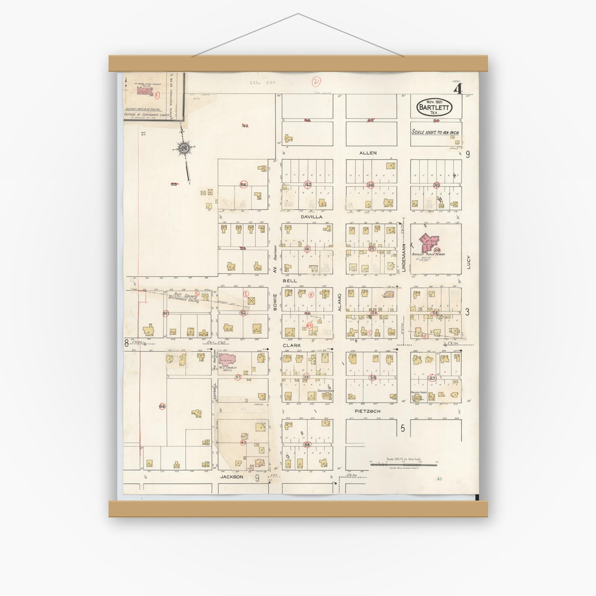 Old map wall art mockup — magnetic wood frame on white wall — Sanborn Fire Insurance Map from Bartlett, Bell and Williamson Counties, Texas (1940), Sheet #0004