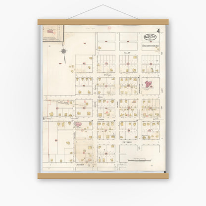 Old map wall art mockup — magnetic wood frame on white wall — Sanborn Fire Insurance Map from Bartlett, Bell and Williamson Counties, Texas (1940), Sheet #0004