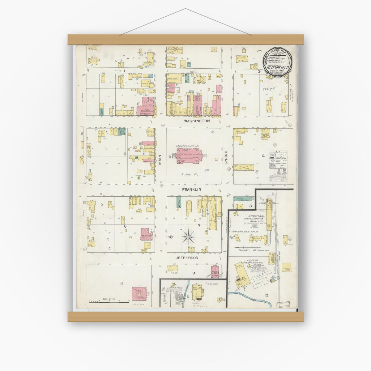 Old map wall art mockup — magnetic wood frame on white wall — Sanborn Fire Insurance Map from Bloomfield, Greene County, Indiana (1892), Sheet #0001