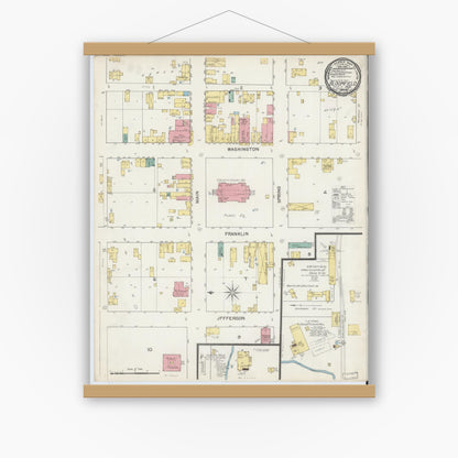 Old map wall art mockup — magnetic wood frame on white wall — Sanborn Fire Insurance Map from Bloomfield, Greene County, Indiana (1892), Sheet #0001