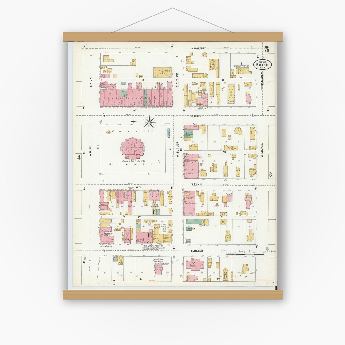 Old map wall art mockup — magnetic wood frame on white wall — Sanborn Fire Insurance Map from Bryan, Williams County, Ohio (1899), Sheet #0005