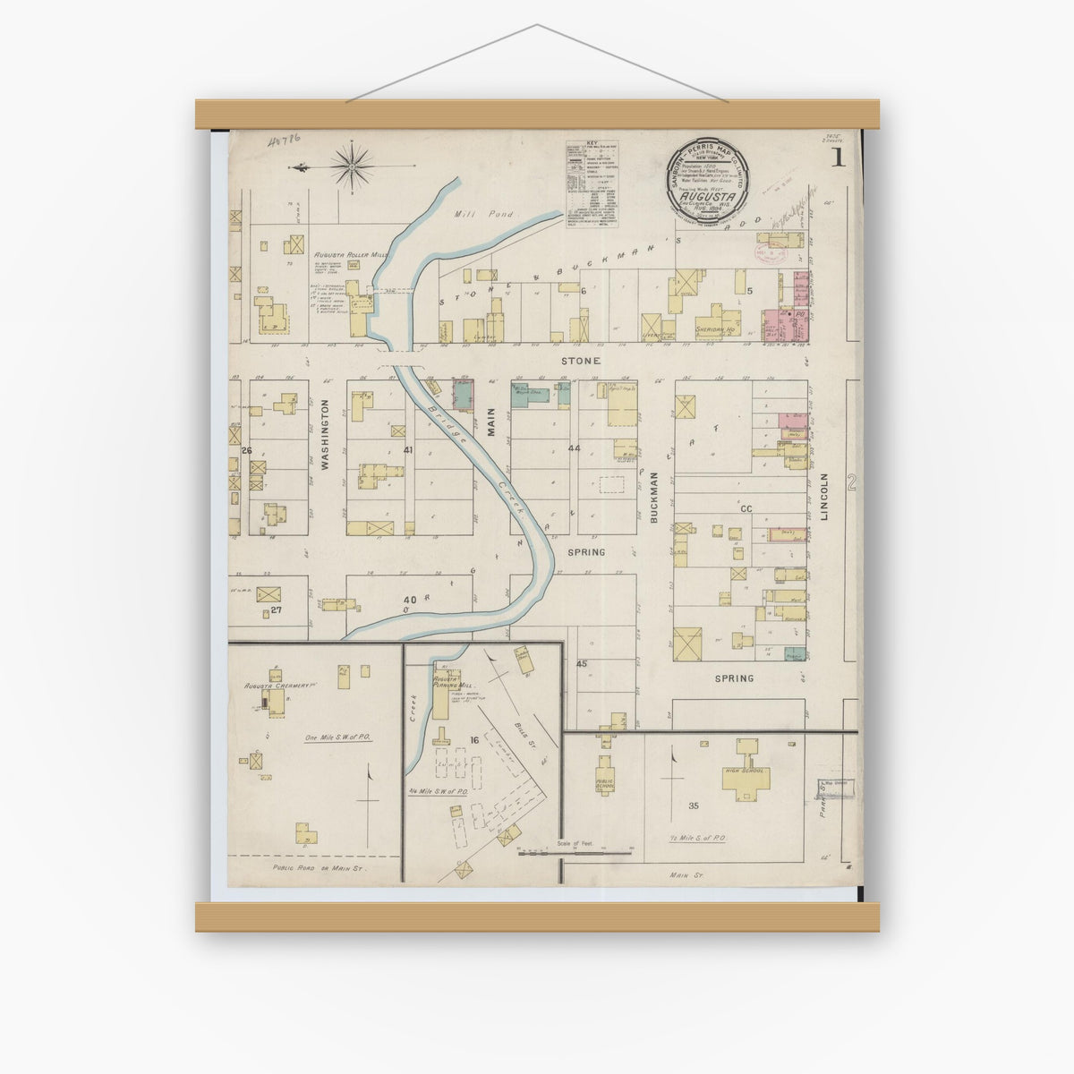 Old map wall art mockup — magnetic wood frame on white wall — Sanborn Fire Insurance Map from Augusta, Eau Claire County, Wisconsin (1894) - Complete Map Set