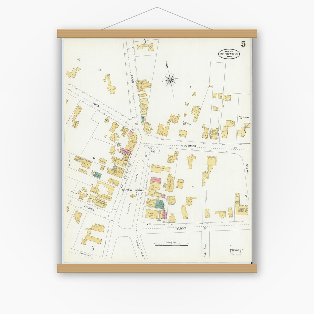 Old map wall art mockup — magnetic wood frame on white wall — Sanborn Fire Insurance Map from Bridgewater, Plymouth County, Massachusetts (1906), Sheet #0005