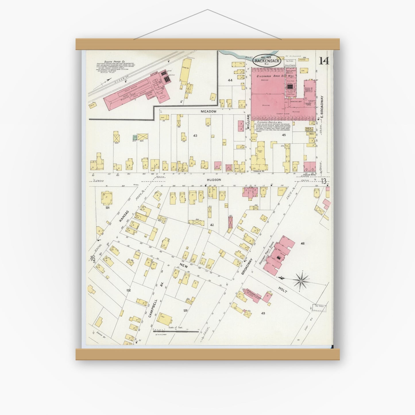 Old map wall art mockup — magnetic wood frame on white wall — Sanborn Fire Insurance Map from Hackensack, Bergen County, New Jersey (1908), Sheet #0014