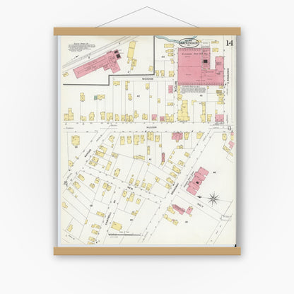 Old map wall art mockup — magnetic wood frame on white wall — Sanborn Fire Insurance Map from Hackensack, Bergen County, New Jersey (1908), Sheet #0014