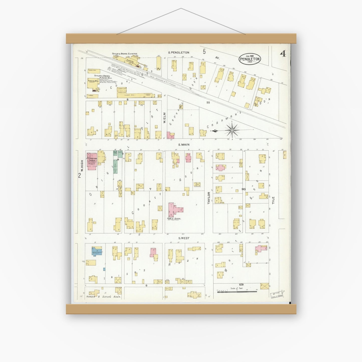 Old map wall art mockup — magnetic wood frame on white wall — Sanborn Fire Insurance Map from Pendleton, Madison County, Indiana (1908), Sheet #0004
