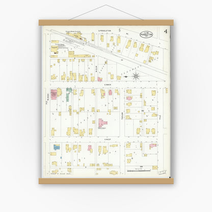 Old map wall art mockup — magnetic wood frame on white wall — Sanborn Fire Insurance Map from Pendleton, Madison County, Indiana (1908), Sheet #0004